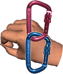 Two carabiners in front of hand