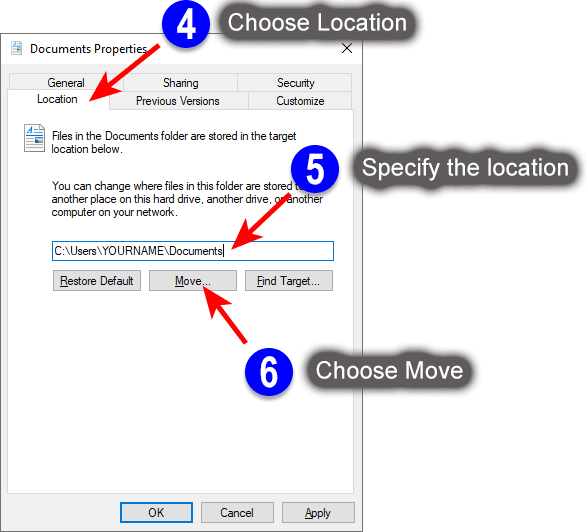 Specify the location of the Documents folder